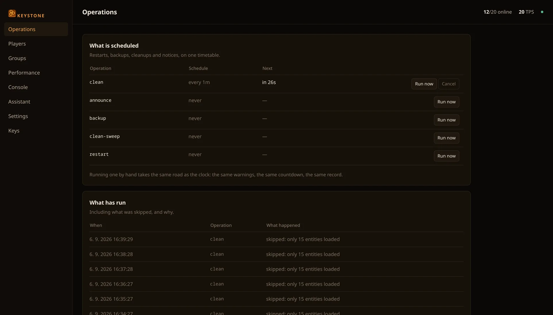 The Keystone editor in a browser: modules down the side, the settings of one module open, served by the server itself.