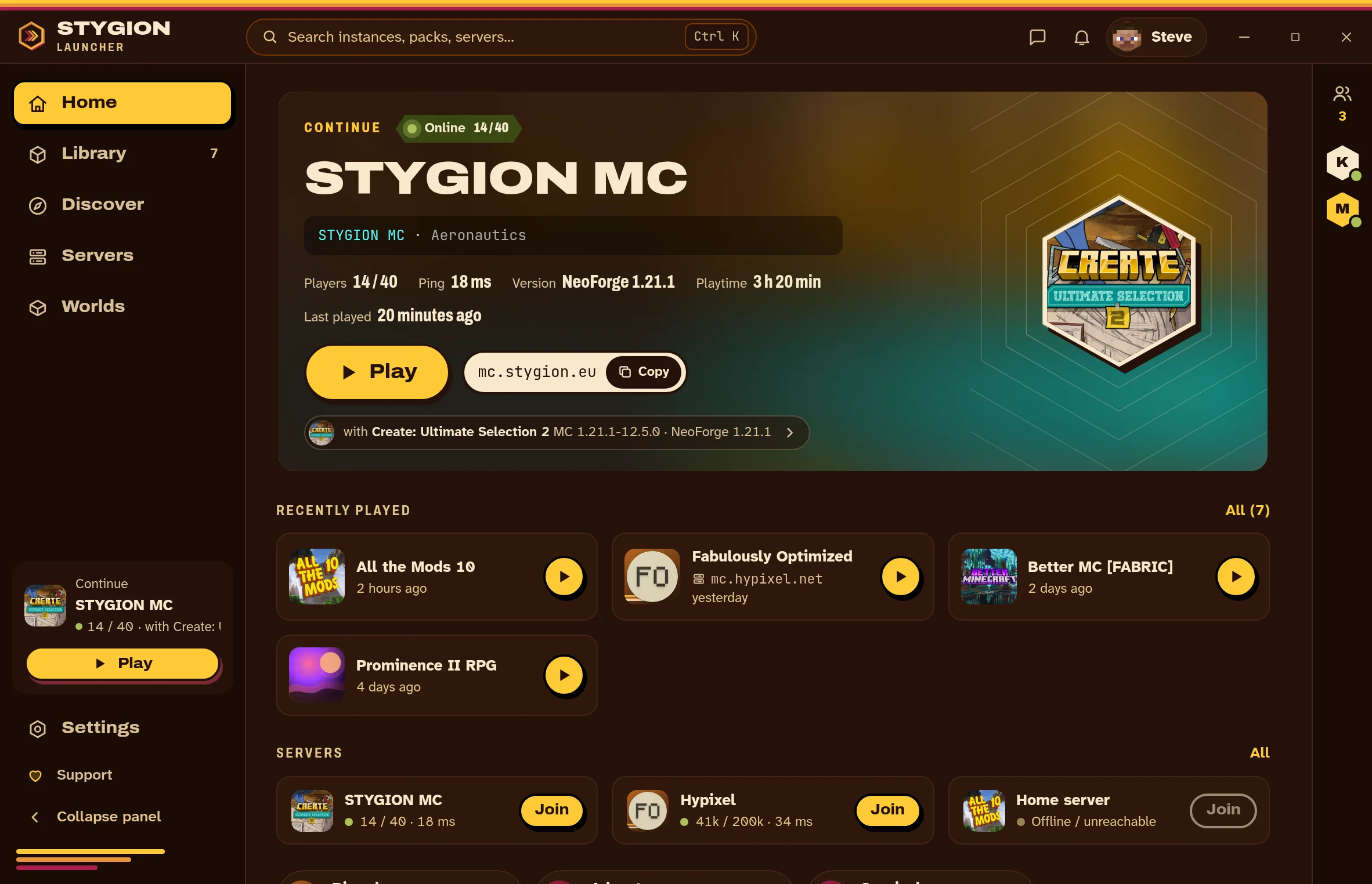 The launcher home screen: the pack you played last, your library, your servers and worlds.