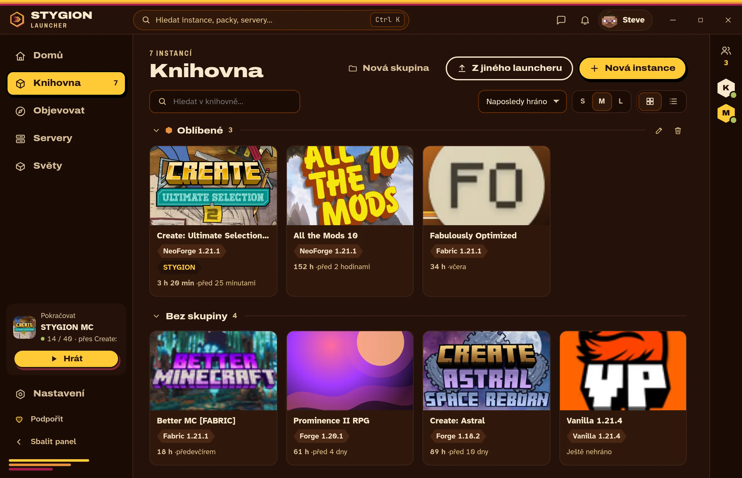 Knihovna: každý nainstalovaný pack s verzí a odehranými hodinami.