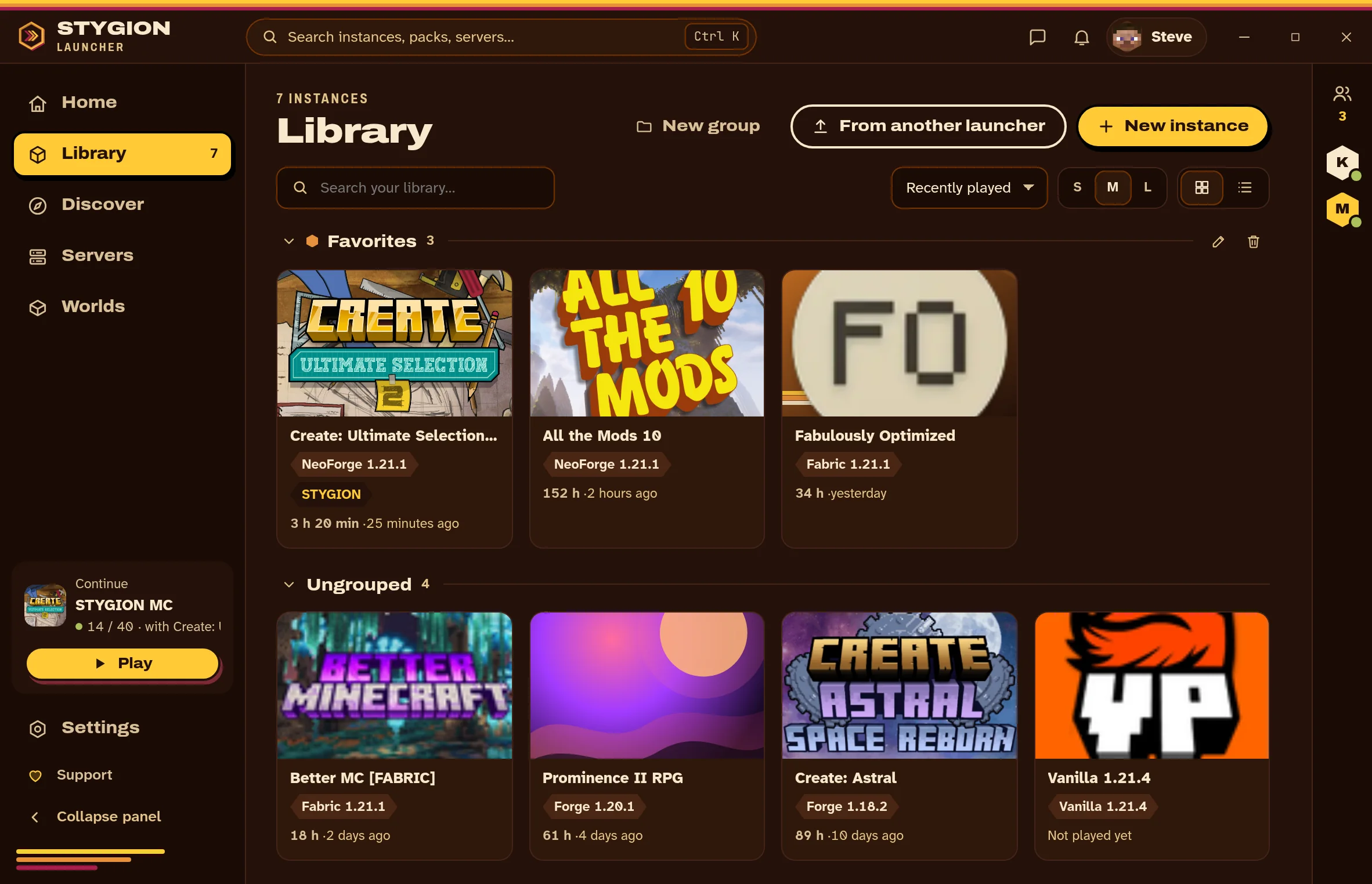 The library: every installed pack with its version and the hours played.