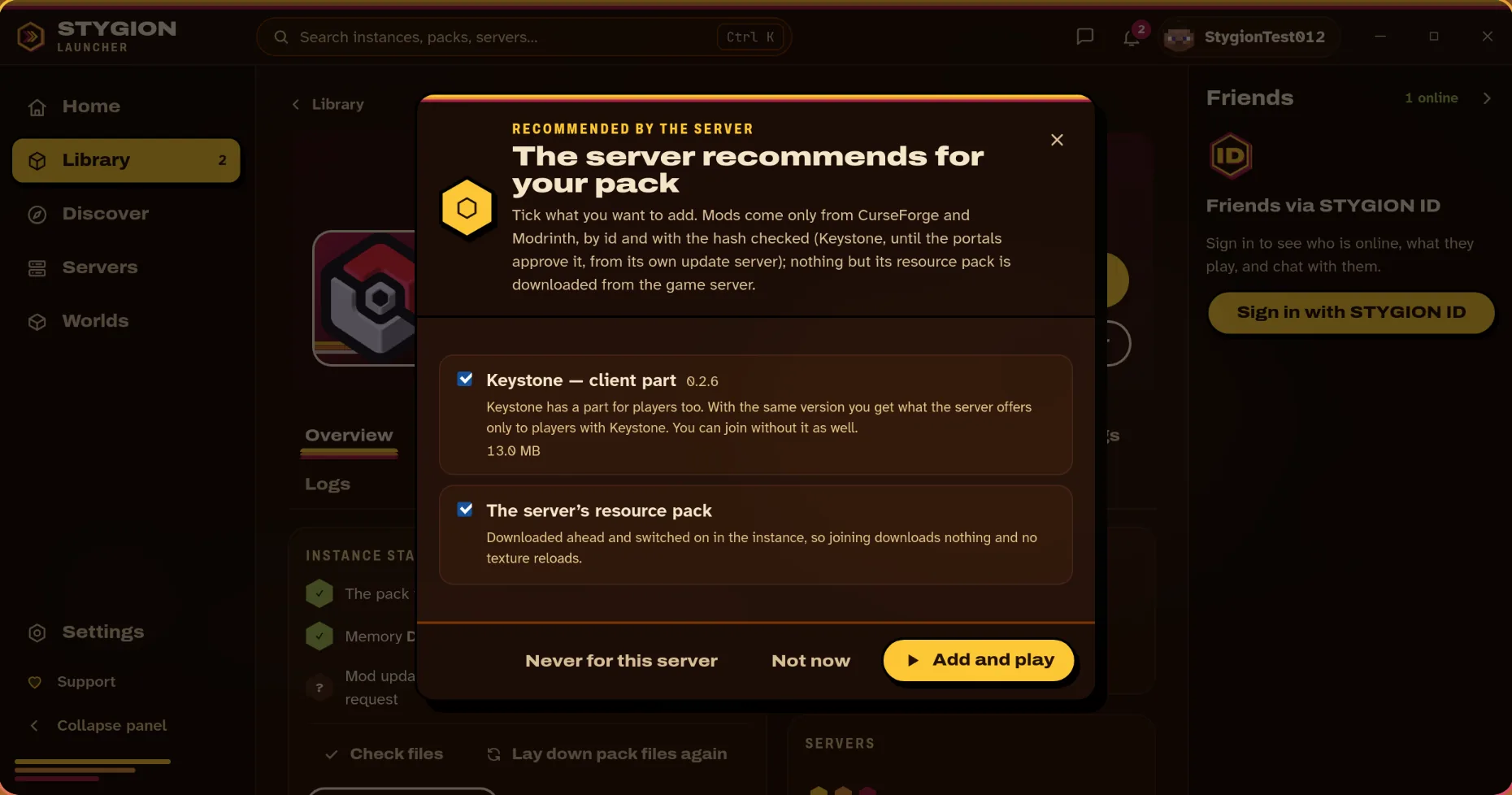 The panel the server recommends: Keystone client part and the server resource pack, ticked, with Add and play.