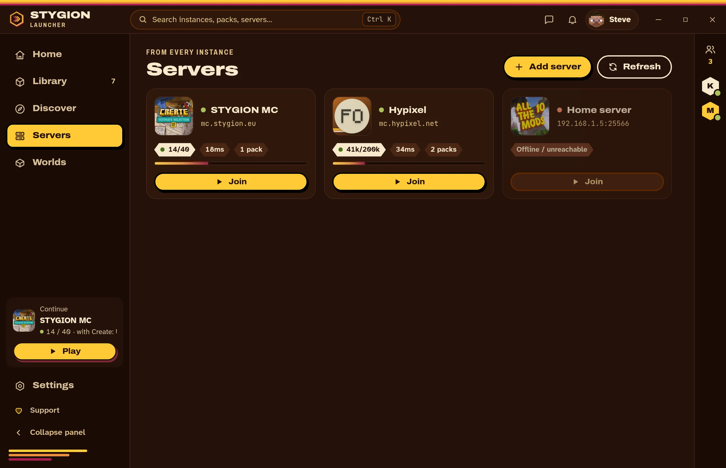 The servers screen in the launcher: saved servers with their ping and player count.
