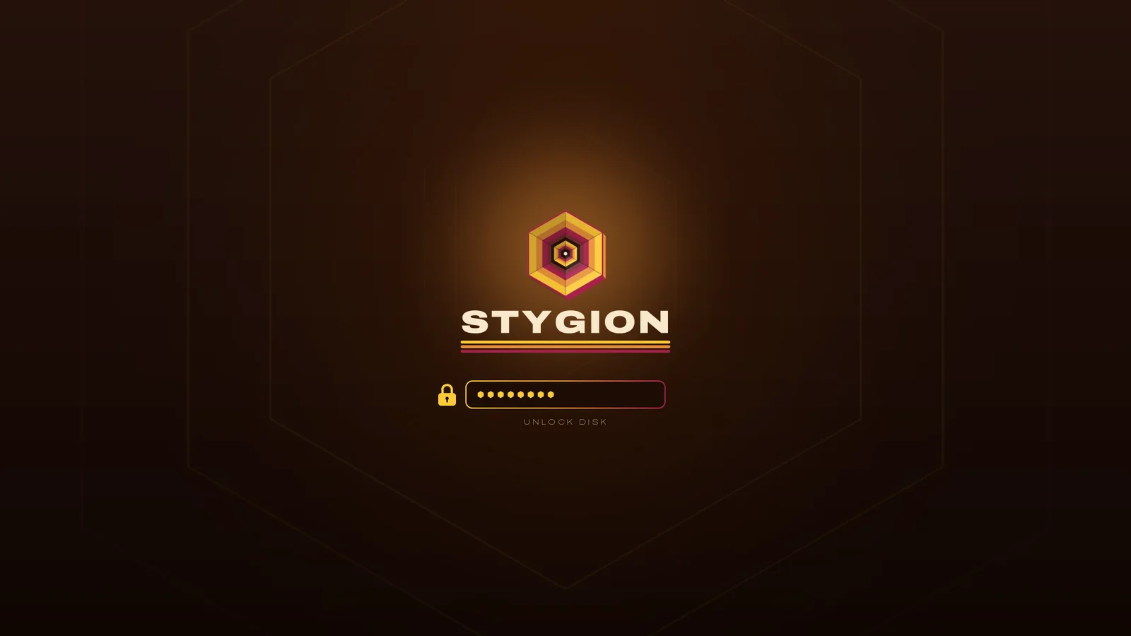 The boot screen, in 0.1 The STYGION OS boot screen: the STYGION mark and lockup glowing in a dark hexagon tunnel, with a field for the disk password underneath.